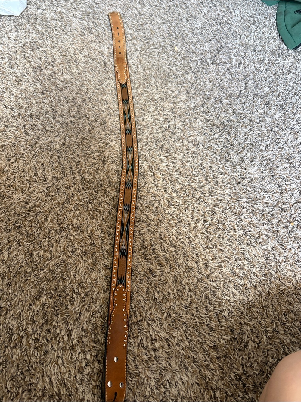 Women's Tan Leather Belt with Navy and Cream Woven Detail